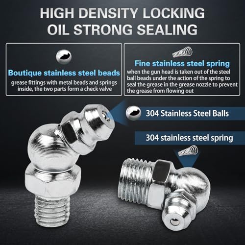 60Pcs Grease Fittings Kit, 1/4 & 1/8 Inch BSP Grease Zerk Fittings Assortment with 90 Degree, 45 Degree, and Straight Angle for Automotive, Tractors, and Industrial Machinery
