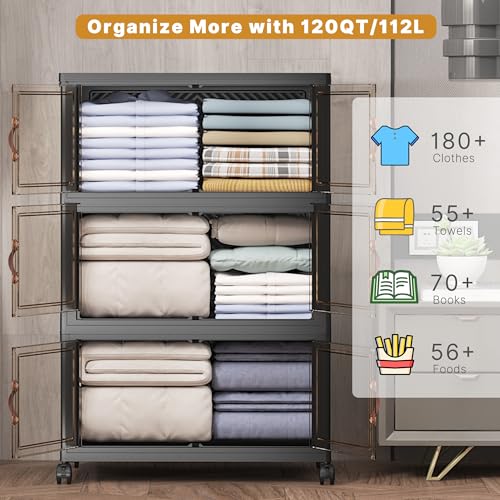 Image of UAMFURI Extra Large Stackable Storage Bins with Lids & Wheels, 360QT-120QT /30GAL*3Pack Foldable Collapsible Closet Organizers Storage Cabinet with Doors for Bedroom Dorm