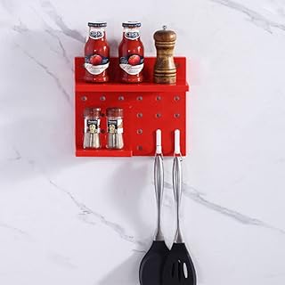SagaSave Peg Boards for Walls with Shelf Hooks Support Bars Wall Mount Display Pegboard Panel Kits No Hole Punching Required Wall Storage Shelves for Bedroom Bathroom Kitchen(Red)