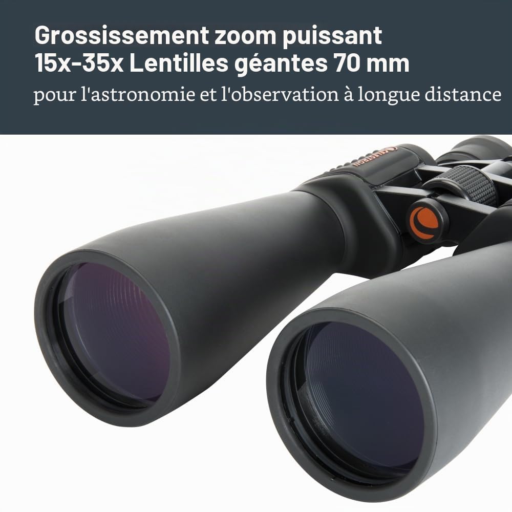 Celestron SkyMaster Jumelles Zoom 15-35x70 – Oculaire Zoom 15 à 35 x 70 mm – Optique BaK4 Multi-Couches pour Une visualisation extérieure et astronomique – Trépied Adaptable – Comprend Un étui de