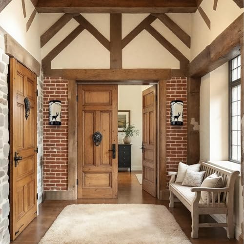 Image of Wall Sconces Set of Two,Deer Cream White Parchment Rustic Wall Sconces,Farmhouse Black Sconce Light,Industrial Metal Indoor Wall Lamps for Bedroom,Living Room,Hallway(Hardwired Only)
