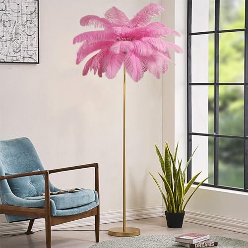 Lámpara de pie LED de alta gama con diseño nórdico y acabado de plumas en rosa