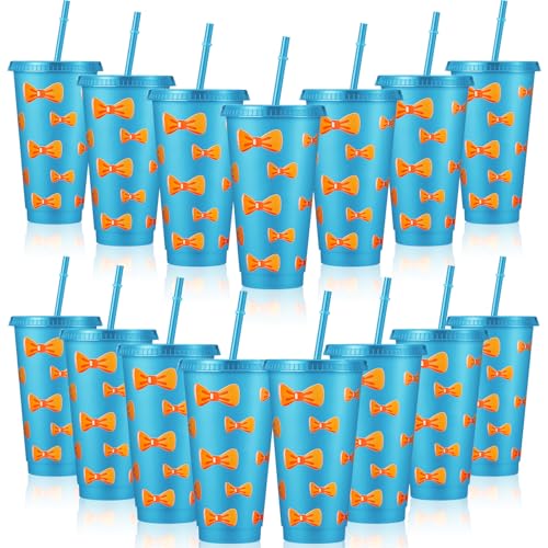 Jingmore 15 Pcs Orange Bow Blue Party Cups 24oz Reusable Teacher Theme Plastic Tumblers with Lid and Straw Cartoon Character Drinking Cups for Birthday Party Favors Decoration Supplies
