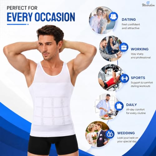 Image of Wearslim Men Compression Shirt For Workout Vest Abs Abdomen Slim Body Shaper Undershirt Slimming Shirt to Hide Gynecomastia Stretchable Tummy Tucker Vest - Pack of 2 - (Black & White)
