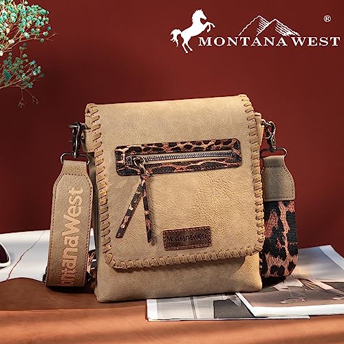 Image of Montana West Crossbody Bags for Women with Dual Compartments Western Cross Body Purse with Leopard Print Guitar Strap