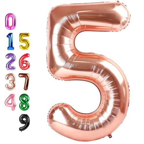 Image of Number Balloons 5 Balloon Rose Gold for 5 Birthday Party Decorations, 40 in | Saturated Color, Large 40 in, With Straw & Hanging Hole, For Back-to-School Season, Wedding, Christmas, New Year, Anniversary