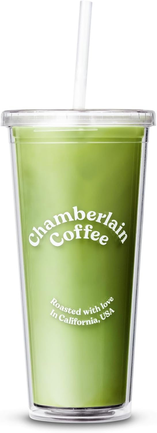 Chamberlain Coffee Tumbler - Clear Tumbler with Lid and Straw - 24 Oz Insulated Iced Coffee Cup - Double Wall Tumbler for Cold Brew, Iced Tea, Matcha Drinks