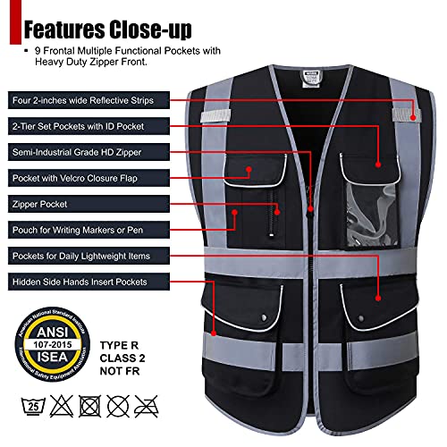 Hataunki Class 2 Retro-Reflection Safety Vests 9 Pockets And Front Zipper Ansi/Isea 107-2015 (Black-03, Medium) #TOP2