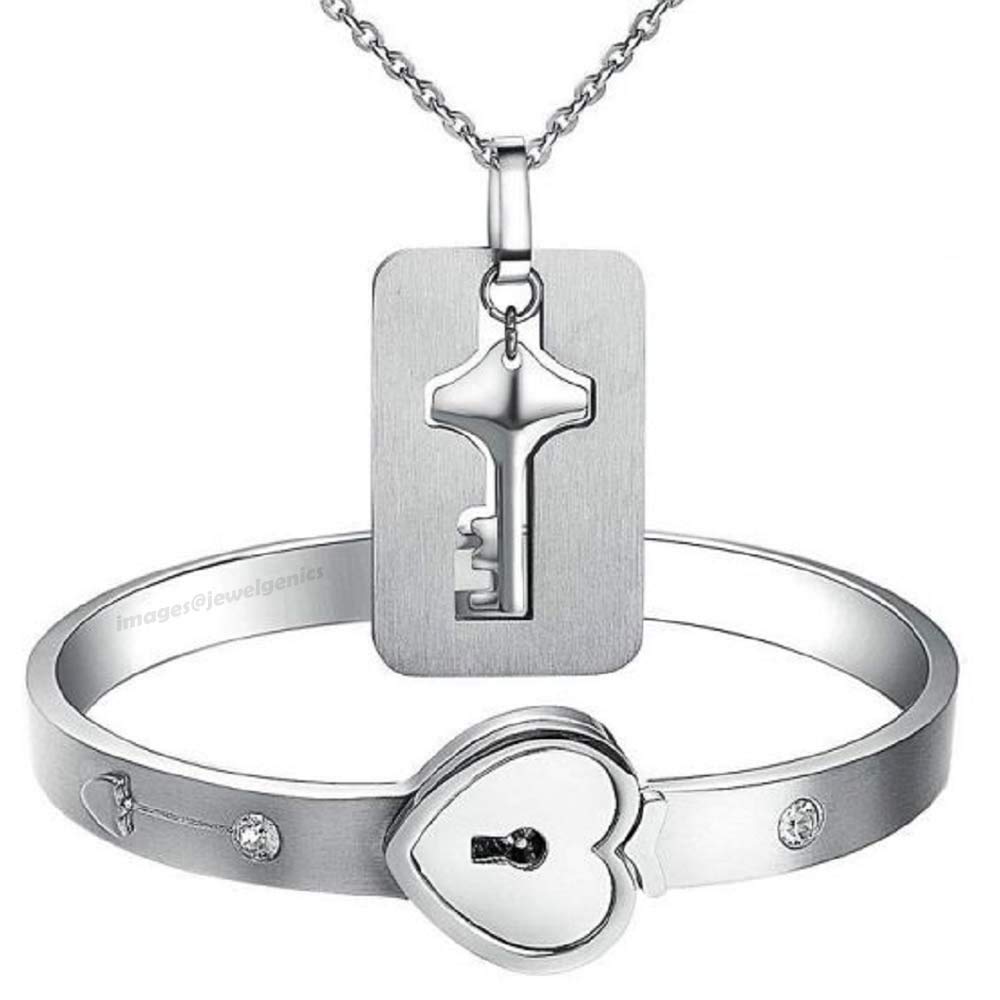 Jewelgenics Heart Lock and Key Stainless Steel Couple Bracelet Pendant Set for Lovers Men and Women (B08LHD7R63) Amazon Price History, Amazon Price Tracker