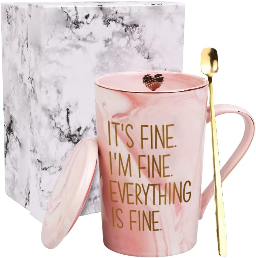 Bubble HugsIt's Fine Everything Is Fine 13.5 oz Mug, Inspirational Gift Idea For Women Mom Sister Bestie Coworker Mother's Day, Pink Marble