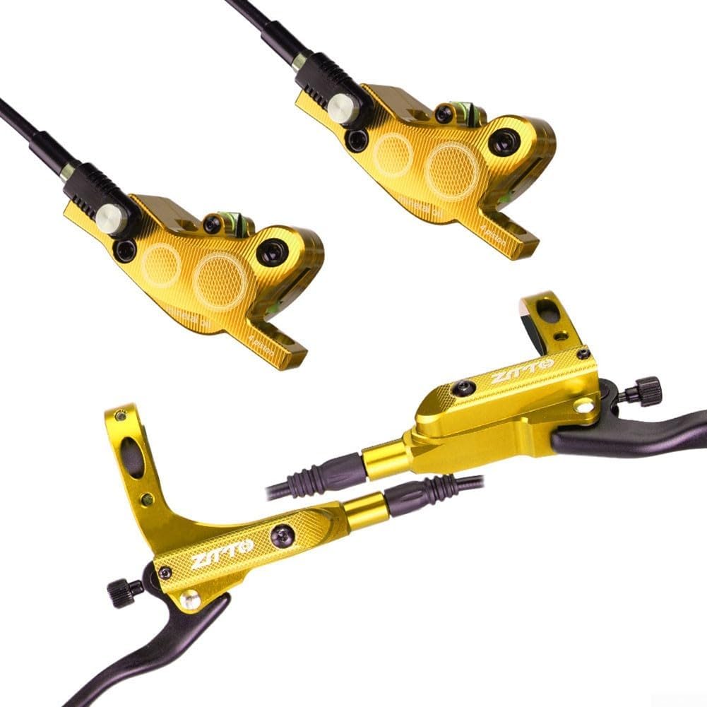 Bicycle Hydraulic Disc Brake Set with Four-Piston Calipers and Aluminum Alloy Construction for Mountain Bike Off-Road and Urban Riding Front/Rear Hose Included(Glod)