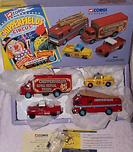 Image of Corgi classic chipperfields land rover morris minor pickup thames trader and AEC fire engine 4 piece set 1.50 scale limited edition diecast model