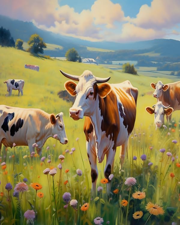 ZMHZMY Paint by Numbers Cow are Grazing in The Meadow Canvas DIY Oil Painting for Adults Beginner with Brushes and Acrylic Pigment- 16