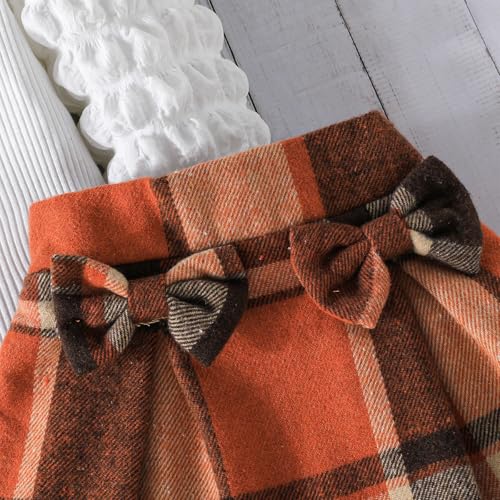 Image of Noubeau Toddler Girls Plaid Outfits Girls Puff Sleeve Knit Ribbed Shirt Tops Plaid Skirt Set Kids Fall Winter Clothes