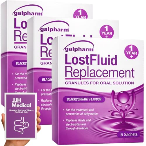Rehydration Treatment Relief Blackcurrant Fast & Effective Electrolyte & Fluid Replacement Raspberry Flavour 6 Sachets Includes JJH Medical Diarrhoea Tracker Leaflet