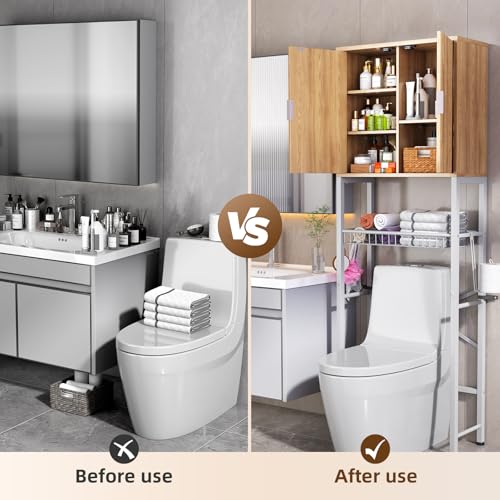 Kalrin Over The Toilet Storage Cabinet with Fluted Wave Doors and Adjustable Shelf, Wood Over Toilet Storage Rack with Drain Basket, Freestanding Bathroom Organizer for Balcony Laundry, Wood & White by Kalrin - Image 3