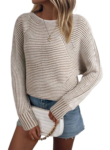 Image of EVALESS Striped Sweaters for Women Boat Neck Batwing Sleeve Oversized Pullover Sweater Tops Womens Fall Clothes Outfits