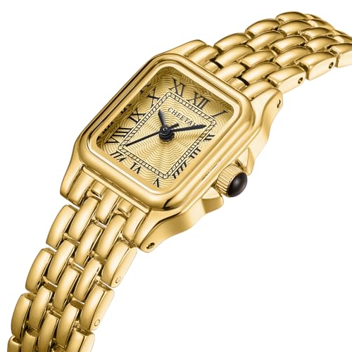 Image of CHEETAH Gold Watches for Women with Small Vintage Bracelet, Rectangular Case Roman Dial