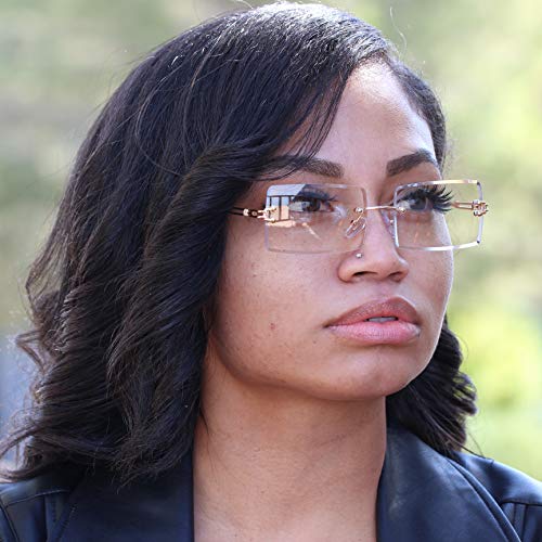 Elite Slim Rimless Rectangular Metal & Wood Art Aviator Sunglasses (Clear Gold)4