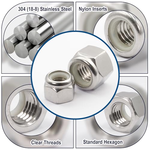 Zqz QLN-113 Pack Lock Nuts Assortment Kit,6#32 8#32 10#24 10#32 5/16"-18 3/8"-16 1/2"-13 1/4"-20 Sae Nylon Insert Hex Locknuts Sets,304 Stainless Steel Standard Inch Threaded Nylock Nuts thumb #2