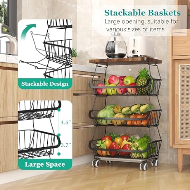 Fruit Basket with Wooden Lid for Kitchen, 4-Tier Stackable Wire Fruit Vegetable Storage Basket Organizer Stand on Wheel, Produce Basket Potato Onion Storage Bins Rack Cart for Pantry