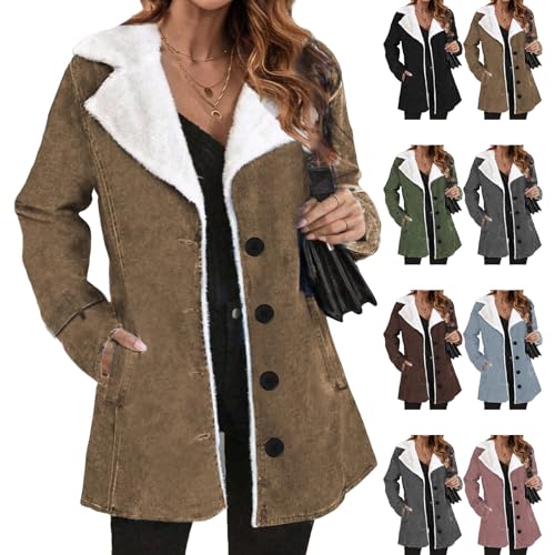 Womens Jackets Fall Sherpa Fleece Lined Jackets Button Down Suede Coats Notch Lapel Vintage Outerwear with Pockets4