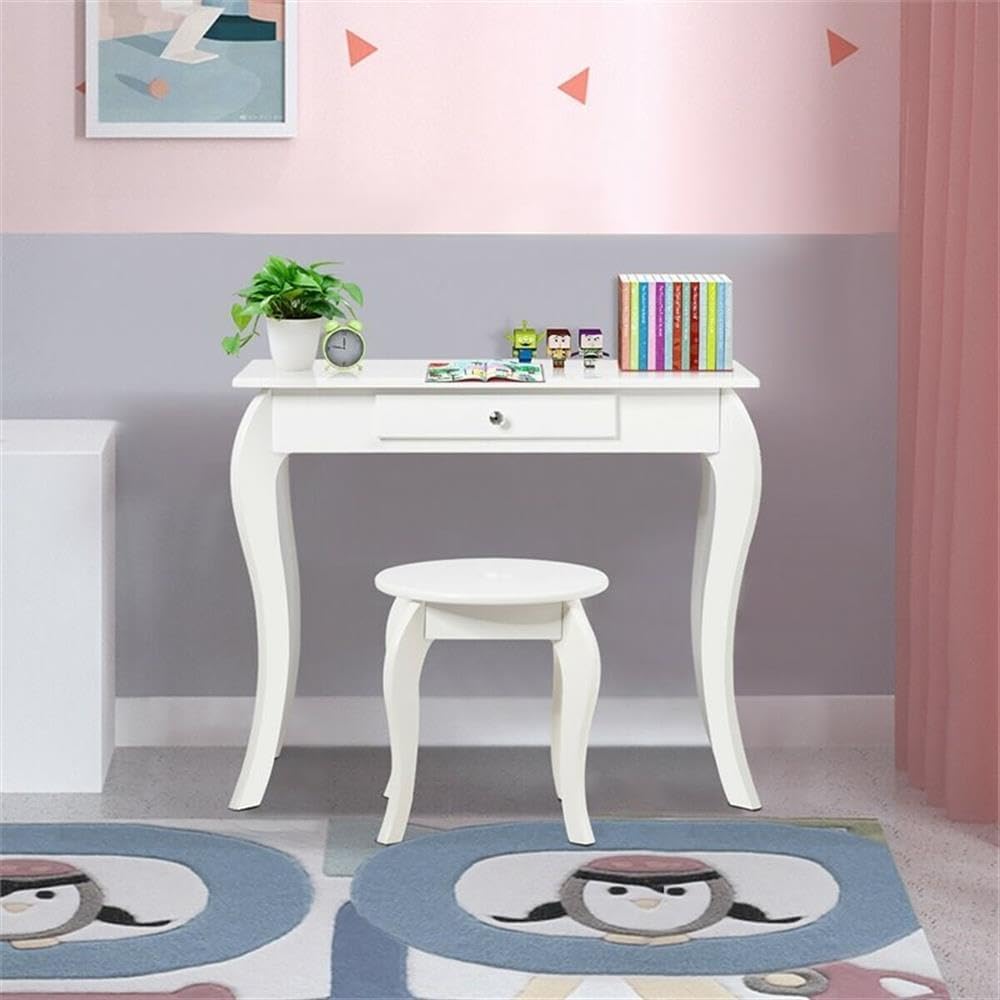 Pemberly Row Kids Vanity Set, MDF & Pine Wood, 2-in-1 Table/Desk with Mirror, White Finish, Built-in Drawer, 27.5" L x 13.5" W x 37.5" H, Includes Stool, Anti-Tipping Design, Compact for Bedroom