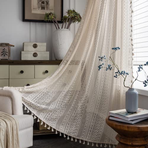 Deeprove Boho Sheer Curtains 84 Inches Long For Bedroom, Crochet Knitting Cotton Macrame Lace With Handmade Tassels, Vintage Semi Hollow Striped, Retro Window Treatment W59 X L84, Beige, 1 Panel #TOP6
