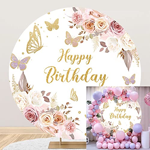 Leyiyi 6x6ft Boho Happy Birthday Butterfly Party Round Backdrop Cover 3D Flower White and Pink Rose Gold Glitter Photo Background Girls Butterfly Birthday Party Decorations Sweet Cake Table Banner