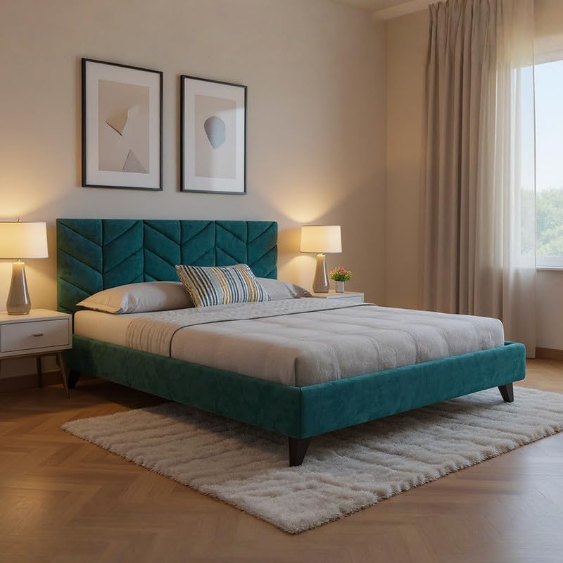 Amazon Brand - Solimo Wood Leaf Queen Size Bed with Fabric Upholstery | Modern Wooden Double Bed Without Storage Cot Platform Furniture for Bedroom,...