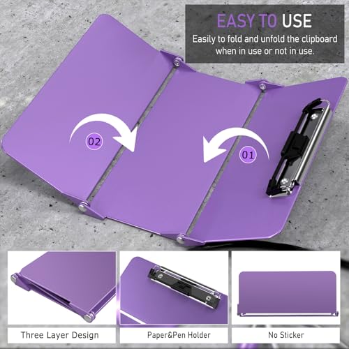 Image of Clipboard Foldable Without Edition Cheat Charts, 3 Layers Aluminum, Nurse Board w /Low Profile Clip&Pen Clip Pocket, Purple