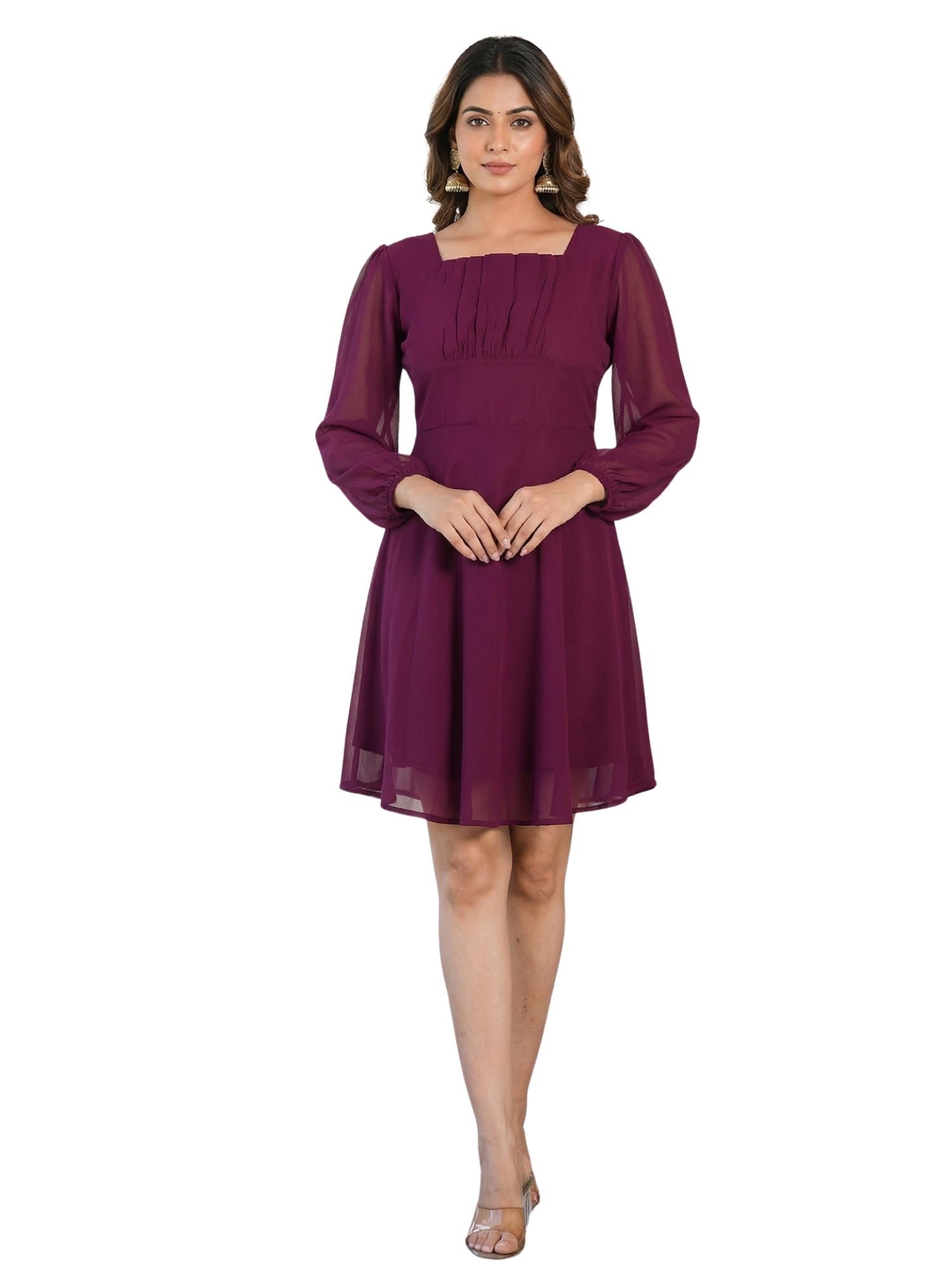 Women’s Wine Georgette Fit & Flare Mini Dress Stylish Anarkali Dress for Women & Girls-image-4