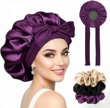 Silk Bonnet for Hair with 3 Scrunchies| Adjustable Satin Hair Cap for Sleeping | Bonnet for Curly Hair with Wide Tie Band| Multiple use| Shower Cap| (purple)