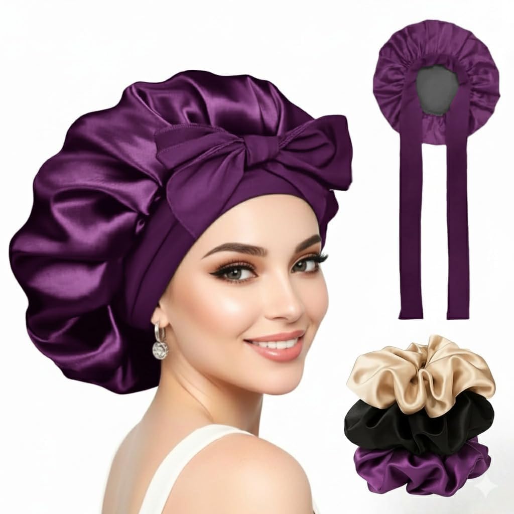 Silk Bonnet for Hair with 3 Scrunchies| Adjustable Satin Hair Cap for Sleeping | Bonnet for Curly Hair with Wide Tie Band| Multiple use| Shower Cap| (purple)-image-10