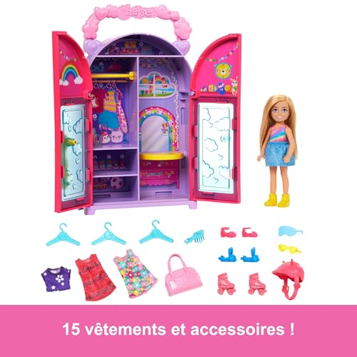 Barbie Poupée et Dressing Chelsea Coffret avec vêtements et accessoires, 17 éléments, pliable pour jouer partout et tout ranger, HXN03