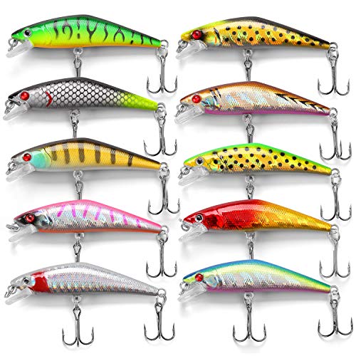 HisooFishing Lures kit Minnow Lure Hard Bait Crank baits Sinking wobbler Treble Hooks Fishing Lures 6.8cm&5g (1#-10#(10PCS))