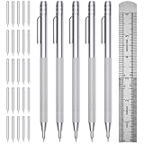 GCHMDE 5-Pack Tungsten Carbide Scriber, Metal Scribe Tool with 25 Replacement Marking Tips & Steel Ruler - Knurled Aluminum Handle & Magnet, Engraving Pen for Glass/Ceramics/Metal Sheet (5)
