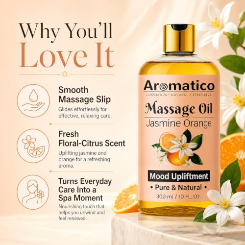 Image of AROMATICO Jasmine Orange Aromatherapy Massage Oil - Jasmine Massage Oil with Almond & Jojoba for Spa Care, Stress Relief & Skin Nourishment | 300ml