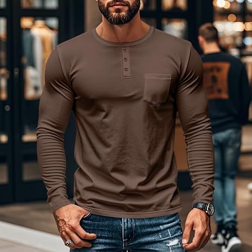 Modisches Henley-Shirt für Herren, langärmelig, Knopfleiste, schmale Passform, T-Shirt mit Tasche, Bronze, XL
