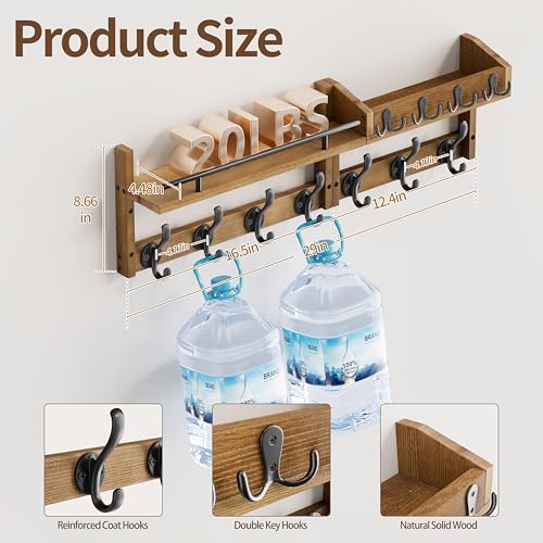 Image of 29 inch Coat Rack Wall Mount with Shelf, Entryway Wall Shelf with Hooks, Heavy Duty Coat Hanger Wall Mount with Key Holders and Mail Organizer for Living Room, Bedroom, Brown