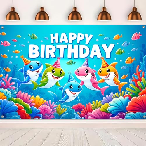 Image of HOMETITUTE Happy Birthday Banner Under The Sea Backdrop 84x60 Inch Ocean Theme Party Decrations Background Decoration with Sharks for Kids Photo Booth Celebration for Girls or Boys