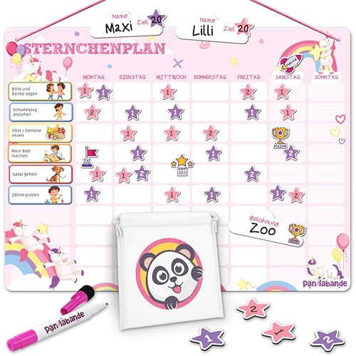 PANDABANDE® Montessori Sternchenplan [100 Aufgaben, 200 Sterne, 3 Farben, 1-2 Spieler] - Belohnungstafel Kinder - Ideales Belohnungssystem, Aufgabenplaner, Belohnung Kind