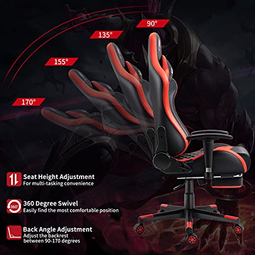 Czlolo Gaming Chair With Footrest And Massage, Pu Leather Video Game Chair Racing Style Gaming Computer Chair, High Back Adjustable Recliner Gamer Chair For Adults, Red #TOP2