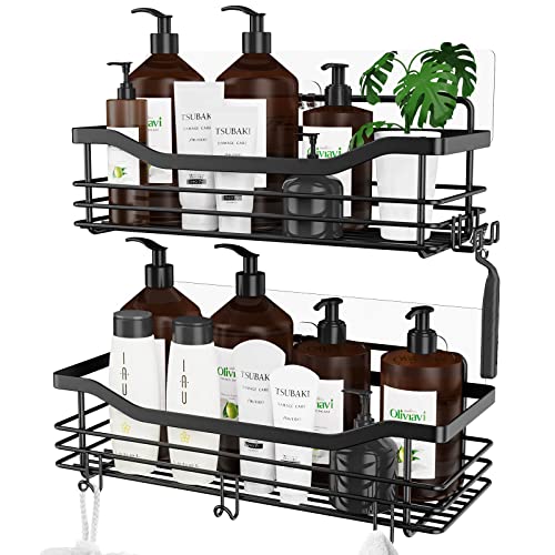 Orimade Adhesive Shower Caddy Shelf With 5 Hooks Organizer Storage Rack Rustproof Wall Mounted Stainless Steel No Drilling For Bathroom, Toilet, Kitchen - 2 Pack,Black #TOP15