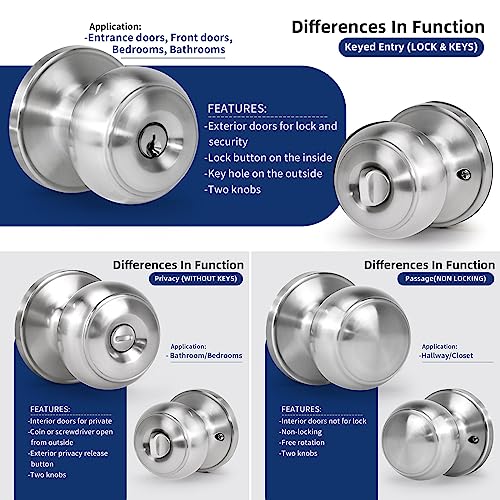 Loqron Keyed Entry Door Knob For Entrance, Front Doorknob With Lock And Key For Exterior & Interior Right And Left Side Bedroom, Living Room, Satin Nickel,1 Pack #TOP5