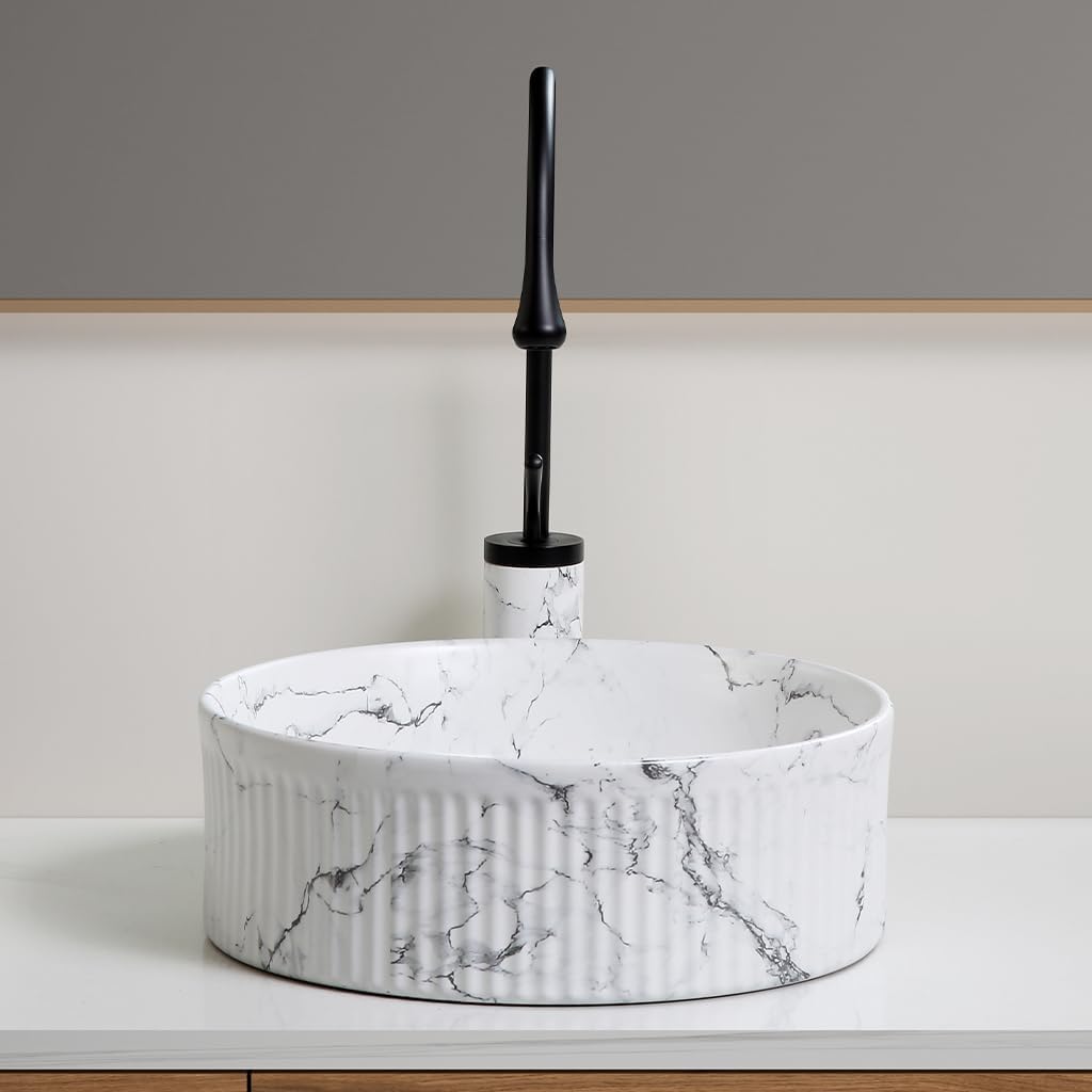 Modern Round Bathroom Vessel Sink Bowl with Pull-out Faucet, 14.5 Inch Ceramic Countertop Vanity Sink Farmhouse Style Porcelain Above Counter Art Basin, Marble-effect Pattern