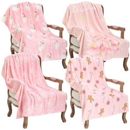 Remagr 4 Pack Christmas Throw Blanket Set Bulk Pink Christmas Tree Santa Gingerbread Man Snowflakes Fuzzy Flannel Blankets Soft Cozy Xmas Gifts Winter Home Decor for Couch Sofa Chair Bed 40x50 Inch