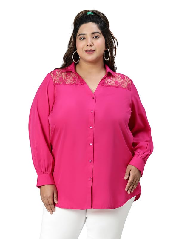 Image of oxolloxo Women Plus Size lace Detailed Collared Long Sleeve Shirt