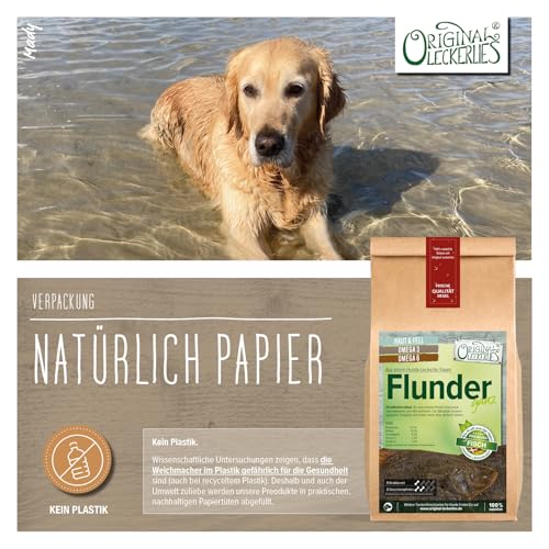ORIGINAL LECKERLIES 10 Flundern ca. 400g Kauartikel, ganzer Fisch (20-30 cm) getrocknet, Fisch für grätenerfahrene Hunde, Kausnack ohne Zusätze, Naturprodukt für Hunde, barfen