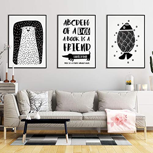 Art mural ours et poisson : lot de 3 toiles de dessin animé modernes pour salon en 50x70 cm